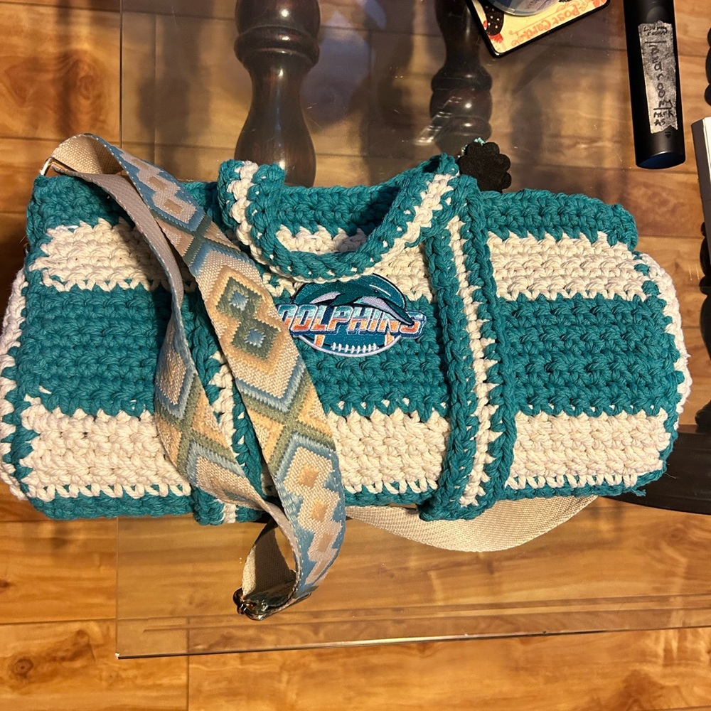 Handcrafted Miami Dolphins 🐬 Duffle bag. 14x9" Teal and White Shoulder Bag